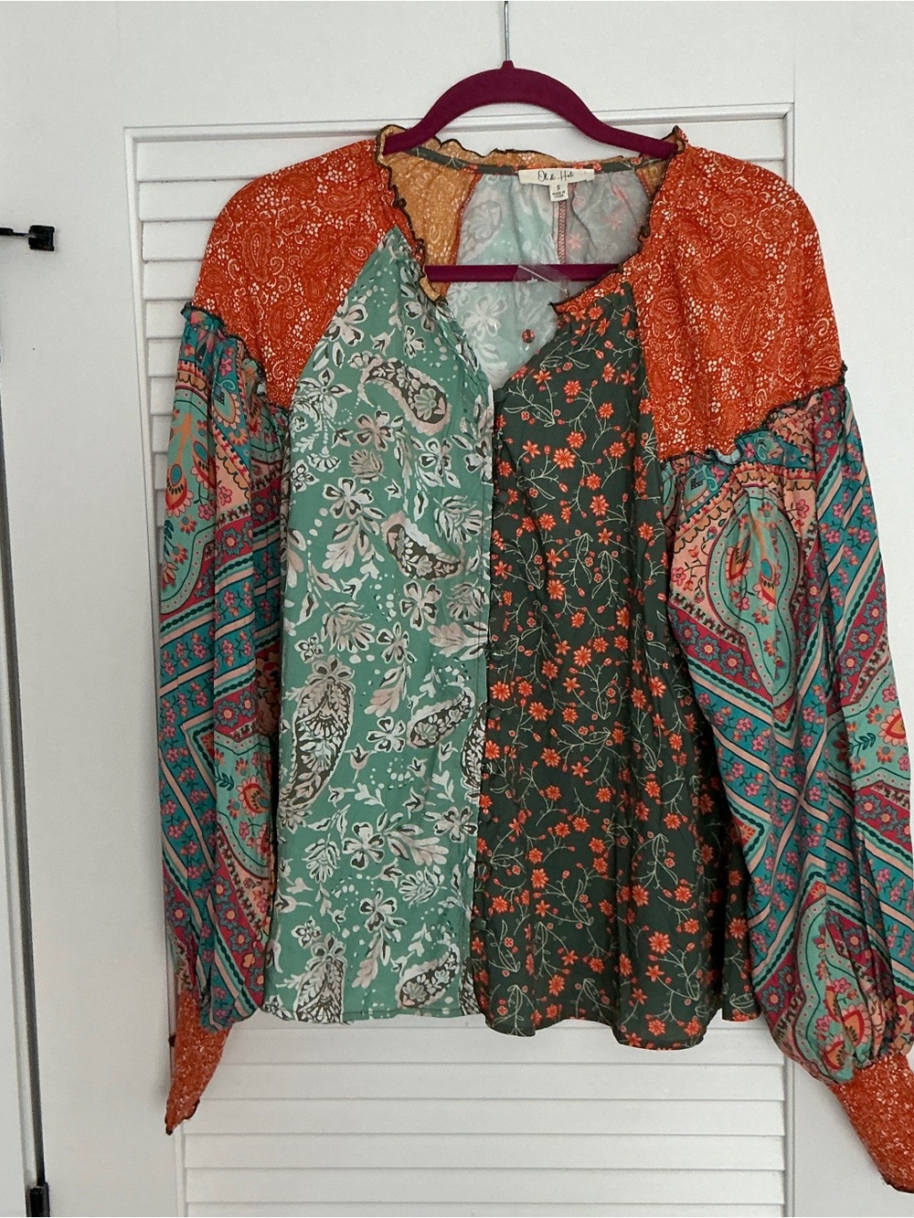 NWT Oli & Hali Patchwork Floral Boho Blouse in Teal & Orange size Small - Picture 2 of 8